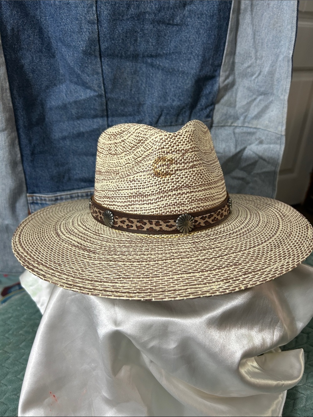 Straw Fedora Hat with Leopard Band - Natural